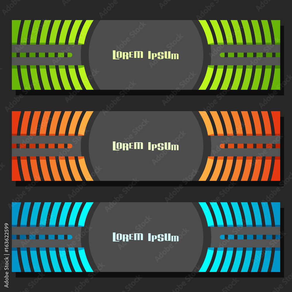 Wall mural vector set of banner templates: 3 colorful futuristic headers with curve element on grey background,