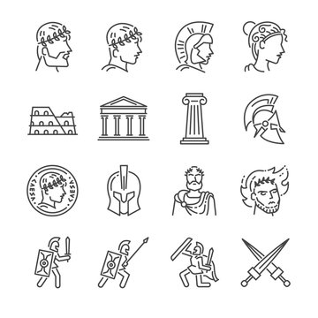Roman empire line icon set. Included the icons as soldier, column, coliseum, sanctuary, emperor and more.