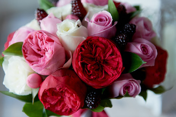 Wedding Bridal bouquet in red, pink, white. Wedding flowers, wedding items and accessories