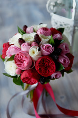 Wedding Bridal bouquet in red, pink, white. Wedding flowers, wedding items and accessories