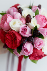 Wedding Bridal bouquet in red, pink, white. Wedding flowers, wedding items and accessories