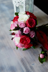 Wedding Bridal bouquet in red, pink, white. Wedding flowers, wedding items and accessories