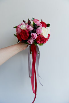 Wedding Bridal bouquet in red, pink, white. Wedding flowers, wedding items and accessories