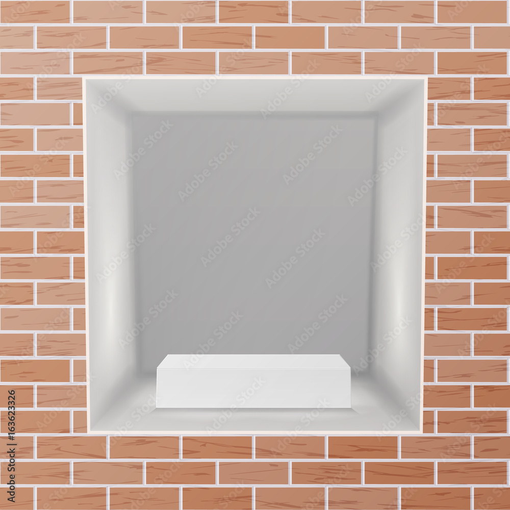 Sticker Empty Niche Vector. Realistic Brick Wall. Clean Shelf, Niche, Wall Showcase. Good For Presentations, Display Your Product. Illuminated Light Lamp