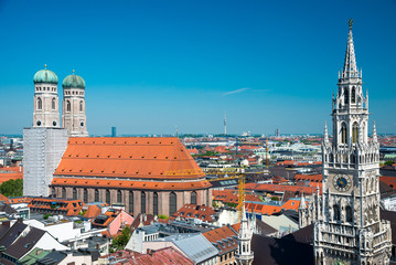 Aerial view on Marienplatz town hall and Frauenkirche in Munich