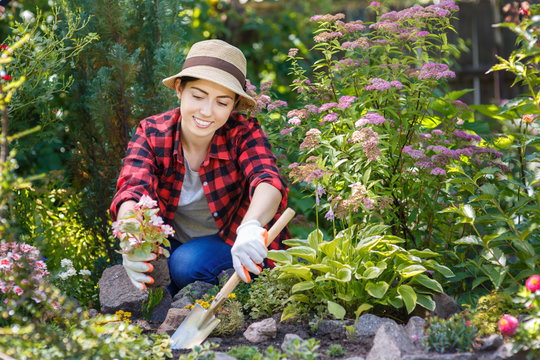 woman gardener planting flowers
