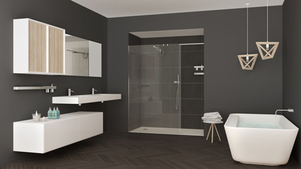 Fototapeta na wymiar Minimalist bright bathroom with double sink, shower and bathtub, gray interior design