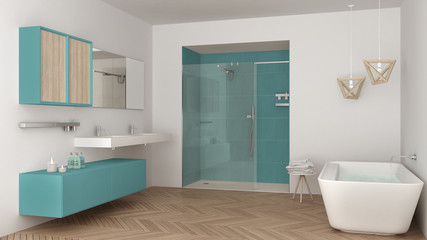 Fototapeta na wymiar Minimalist bright bathroom with double sink, shower and bathtub, white and turquoise interior design