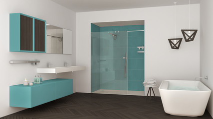 Obraz na płótnie Canvas Minimalist bright bathroom with double sink, shower and bathtub, white and turquoise interior design