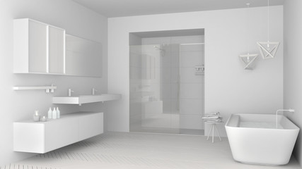 Naklejka na ściany i meble Total white project of minimalist bright bathroom with double sink, shower and bathtub, modern interior design