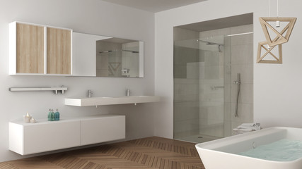 Minimalist bright bathroom with double sink, shower and bathtub, white interior design