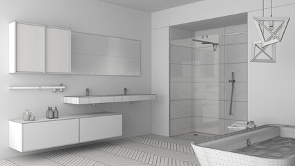 Unfinished project of minimalist bright bathroom with double sink, shower and bathtub, sketch abstract interior design