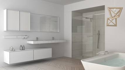 Unfinished project of minimalist bright bathroom with double sink, shower and bathtub, sketch abstract interior design
