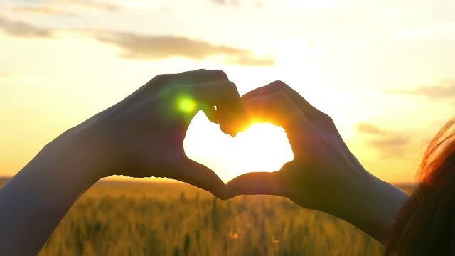 Woman shapes heart with hands over sun on sunrise or sunset in a wheat field.