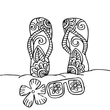 Hand drawn flip flops and sunglasses at the  beach 