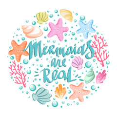Fototapeta premium Hand drawn poster with lettering mermaids are real and different sea creatures in shape of circle. Design element with inspirational quote made in vector. Adventure banner.