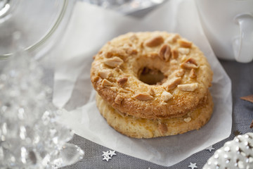 Homemade cookies with cup of coffee and Christmas decorations