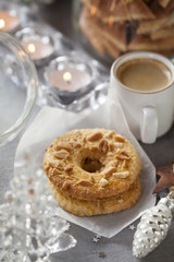 Homemade cookies with cup of coffee and Christmas decorations