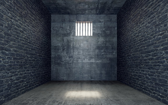 Prison cell with light shining through a barred window 3D Render