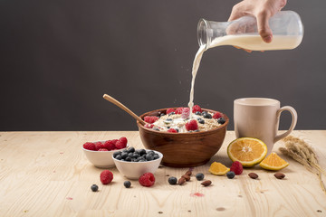 Healthy breakfast ingredients on wood table, Healthy food concept