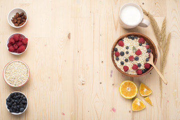 Healthy breakfast ingredients on wood table, Healthy food concept