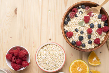 Healthy breakfast ingredients on wood table, Healthy food concept