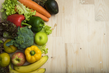 Vegetables and fruits on wood table ,Healthy food concept