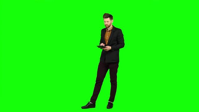 Guy considers the profit on the calculator and he is bankrupt. Green screen
