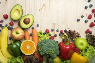 Vegetables and fruits on wood table ,Healthy food concept