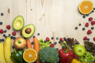 Vegetables and fruits on wood table ,Healthy food concept