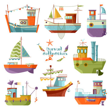 Naval collection. Set of 8 multi-colored ships.