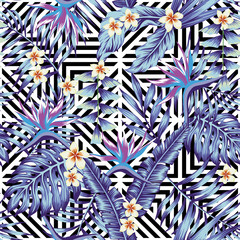 Tropical plants and flowers seamless blue style geometric background - 163628185