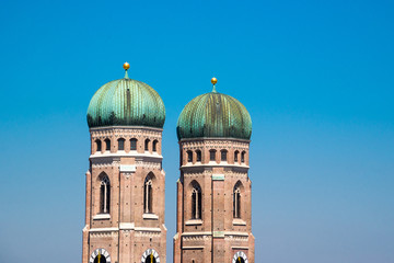 Closeup on Frauenkirche tower in Munich, Germany.