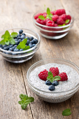chia pudding with raspberries and blueberries