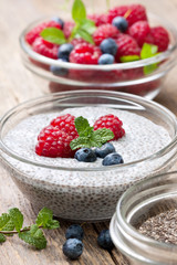 chia pudding with raspberries and blueberries