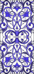 Illustration in stained glass style with abstract  swirls,flowers and leaves  on a light background,vertical orientation gamma blue