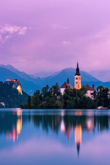 Colorful sunset over Bled lake in Slovenia