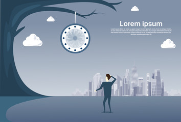 Business Man Looking At Clock Hanging On Tree Over Modern City View Time Management Deadline Concept Vector Illustration