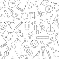 Seamless pattern on the theme of science and inventions, diagrams, charts, and equipment, simple contour icons on white background