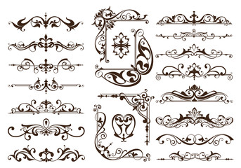 Vintage ornaments design elements floral curlicues white background curbs frame corners stickers 