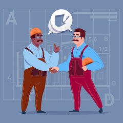 Two Mix Race Builders Shaking Hands Agreement Concept Cartoon Business Man Workman Cooperation Flat Vector Illustration