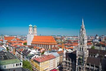 Fototapeta na wymiar Aerial view on Marienplatz town hall and Frauenkirche in Munich, Germany
