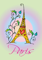 Floral Paris Illustration Famous Paris landmark Eiffel Tower. 