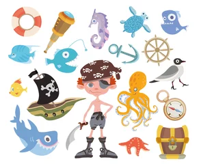 Fototapete Piraten Seeabenteuer-Set. Junger einäugiger Pirat mit Schwert, Schatztruhe, Hai, Tintenfisch und anderen Piratengegenständen. Kinder-Vektor-Illustration, isoliert auf weißem Hintergrund.