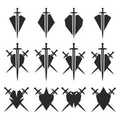 Set of abstract shield and sword signs.