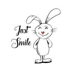 Cute rabbit with text " Just Smile ". Doodle style.