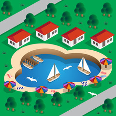 The resort is on the lake. Bungalow. Isometric. Vector illustration.