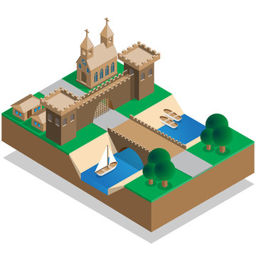 The old city wall and a moat. Isometric. Vector illustration.