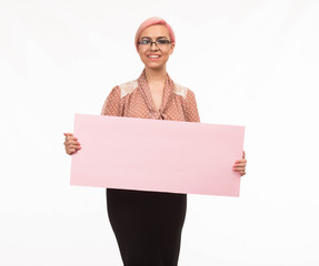 Young happy woman portrait of a confident businesswoman showing presentation, pointing placard background. Ideal for banners, registration forms, presentation, landings, presenting concept.