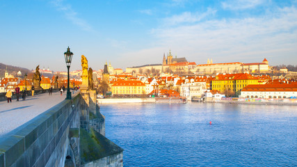 Prague Castle and Charles Bridge in clear and cold morning, Prague, Czech Republic.